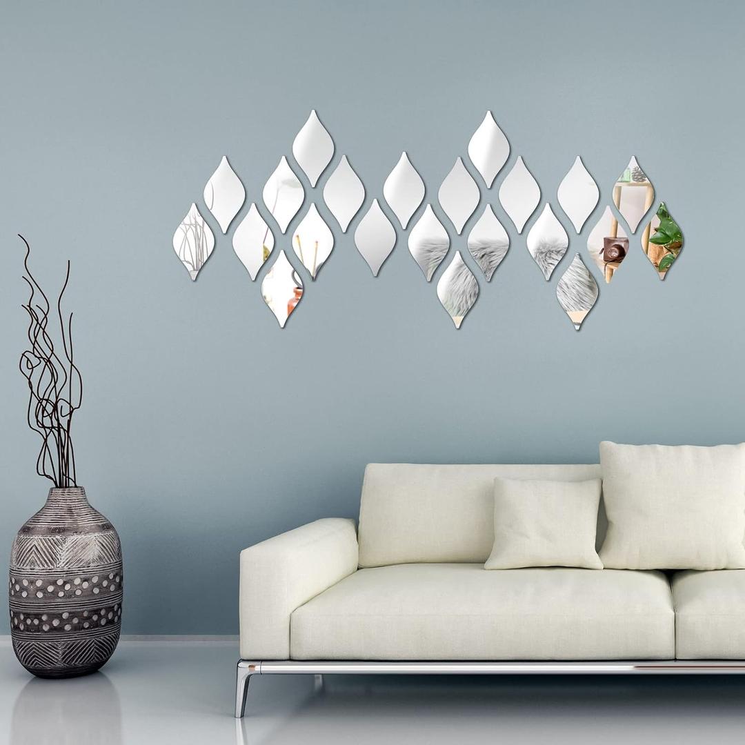 Weysat 30 Pcs Mirror Wall Stickers Decor Acrylic 3D Tear Drop Decorative Mirrors Stickers Removable Wall Art Decals for Home Living Room Bathroom Office Dormitory Decorations, 6 x 3.3 Inch(Silver)