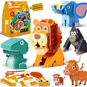 3D Animal Puzzles for Kids Ages 4-8, DIY Educational Paper Craft Kit, 5 Cartoon Animals STEM Learning Toys for Boys and Girls, Easy to Assemble, Birthday Gifts