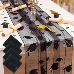 4 Pcs Graduation Table Runner 29 x 70 Inch Glitter Grad Cap Black Tulle Table Runners 2026 Graduation Decorations for 2026 Grad Home Party Decor