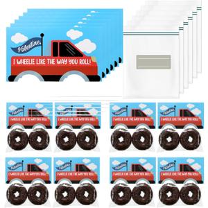 Gueevin 36 Pcs DIY Donut Monster Truck Valentine Gifts 36 Monster Truck Valentine's Day Cards with 36 Resealable Plastic Bags Holiday Exchange Gifts for Craft Favors