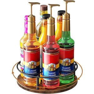 Nuovoware 7 Bottles Rotating Coffee Syrup Rack, Coffee Syrup Rack Organizer Carbon Steel Frame with Wooden Base Bottle Holder for Coffee Flavored Syrups Table Top Thermos Liquor, Black & Brown