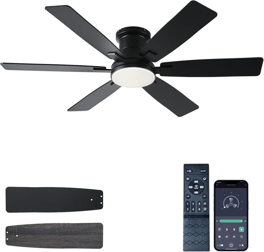 52 inch Black Ceiling Fans with Lights and Remote - Flush Mount Low Profile Ceiling Fan with Light, Reversible, 3CCT, Dimmable, Modern Indoor Ceiling Fan for Bedroom Living Room, Covered Patios