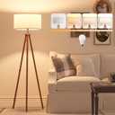LiteHistory Wood Tripod Floor Lamps for Living Room, Bedroom, and Office,Standing lamp with Beige Linen Shade, 12W Three-Color Bulb Included, Pull Chain Switch, Tall lamp for Mothers Day Gifts, Brown