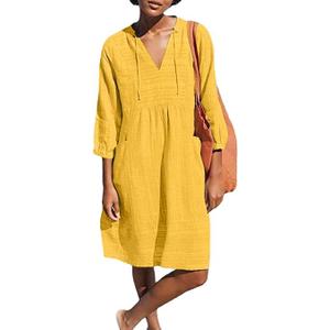 Lafural Womens V Neck Cotton Casual Loose Shift Tunic Smock Summer Dresses Vacation Dress 3/4 Sleeve Pocket (Yellow, M)