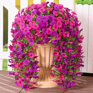 Dolicer 4 Pcs Look Real Artificial Flowers for Outdoors, Realistic Fake Artificial Hanging Flowers for Outdoors UV Resistant Silk Faux Hanging Plants Flowers for Porch Patio Garden (Purple+Fuchsia)