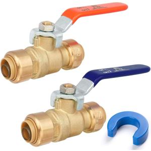 1/2" Push to Connect Ball Valve, Brass Plumbing Fitting for Copper, CPVC, PEX Pipes, With Upgraded Stiffener, Disconnect Clip Included, NSF & UPC Certified, Lead-Free, 2 Pack