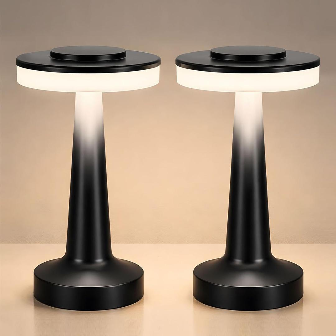Riakrum 2 Pcs LED Portable Cordless Table Lamp with Touch Sensor 3 Color Stepless Dimming Rechargeable Battery up to 15 Hours Cordless Table Light Wireless Lamp for Nursery (Black)