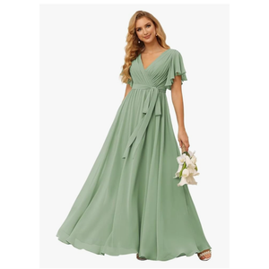 Raseal Sage Green Chiffon Flutter Sleeve Bridesmaid Dress for Women 2025 Plus Size V Neck Long A Line Bridesmaid Dress with Pockets Sage Green 18W