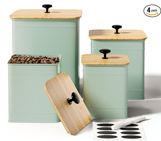 Kitchen Canisters for Countertop Set of 4 with Customizable Chalkboard Labels & Marker Pen - Big Iron Kitchen Canisters with Airtight Lids - Sage Green Canister Set - Flour and Sugar Containers