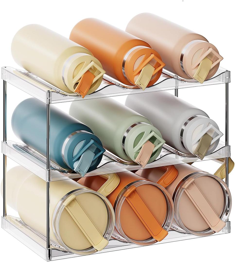 LAMU Stackable Water Bottle Holder Organzier for 40 oz Large Tumbler, 3 Tier Clear Tumbler Bottle Cup Rack for Kitchen Cabinet Organziers and Storage, Hold 9