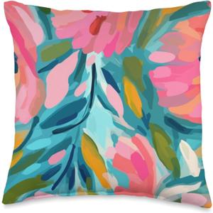 Vibrant Abstract Florals in Pink and Blue Throw Pillow ( 18X18 )