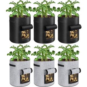 6 Pack Potato Grow Bags, 10 Gallon Planting Bags Large Fabric Pots with Flap Window Vegetable Planter Garden Pot Tall Potato Growing Containers with Handles for Vegetables, Fruits, Black + Grey