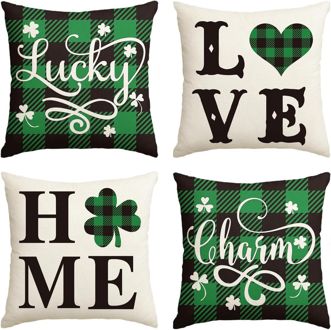 AVOIN colorlife ST Patricks Day Buffalo Plaid Love Home Clover Throw Pillow Covers, 18 x 18 Inch Lucky Charm Shamrocks Decoration for Sofa Couch Set of 4 (17.7" x 17.7" (Pack of 4))