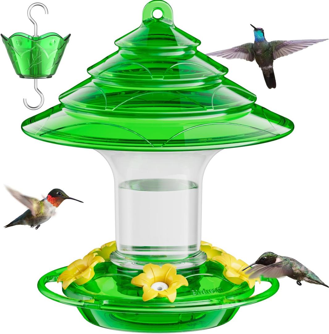 Birdream Hummingbird Feeder for Outdoors Hanging, 20 OZ Humming Birds Feeders with 5 Bee Guard Feeding Ports & Built-in Ant Moat and Brush, Bird Feeder for Outside, Gifts for Women - Green (1 Pack)