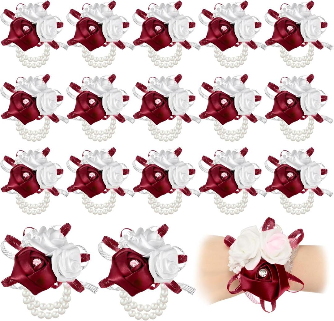 Zeyune 18 Pcs Wrist Corsages for Prom Wedding Artificial Rose Wristlet Corsage Hand Flower for Mother of Bride and Groom, Bridal, Bridesmaid Wedding Supplies (Red)