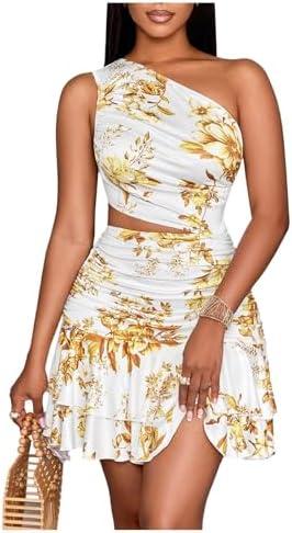 SOLY HUX Women's Floral Ruffle Mini Dress One Shoulder Sleeveless Cut Out Ruched Layered Cocktail Party Dresses, L