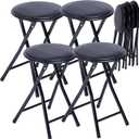 FurnitureR Folding Stools Set of 4, Backless 24-Inch Collapsible Padded Round Stool Chair Portable for Indoor/Outdoor, Metal Frame, PVC Cushion, No Assembly Required, Black