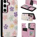 UEEBAI Wallet Case for Samsung Galaxy S25 5G with Card Holders, PU Leather Cover Kickstand RFID Blocking Double Magnetic Clasp Rilievo Flower Shockproof Flip Case for Women Girls - White Daisy