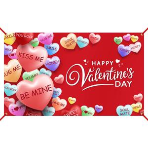 Extra Large Happy Valentines Day Backdrop Banner 73 x 43.3 Inch Conversation Heart Romantic Love Background Valentines Backdrops Photo Booth Props for Photography Anniversary Party Decoration