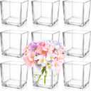 9 Pack Square Glass Vase 4" x 4" x 4", Clear Flower Vase for Centerpieces, Candle Holder for Wedding Party Events, Home Dcor