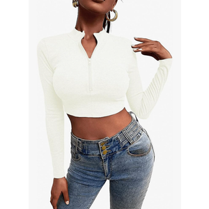 Flygo Women's Deep V Neck Casual Long Sleeve Ribbed Zip Up Slim Knitted Crop Tops Size S