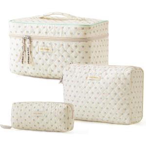 HBselect Quilted Makeup Bag, 3PCS Cotton Large Travel Makeup Bag, Cute Floral Coquette Make up Bag Cosmetic Bag Toiletry Bag for Women Girls