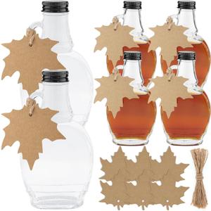 8 oz Maple Syrup Bottles with Loop Handle Black Aluminum Lids and Cotton Twines, Clear Glass Bottles with Round Tag, Maple Syrup Jars Container Sample Bottles for Gift Juice Milk Sauce Storage (12)
