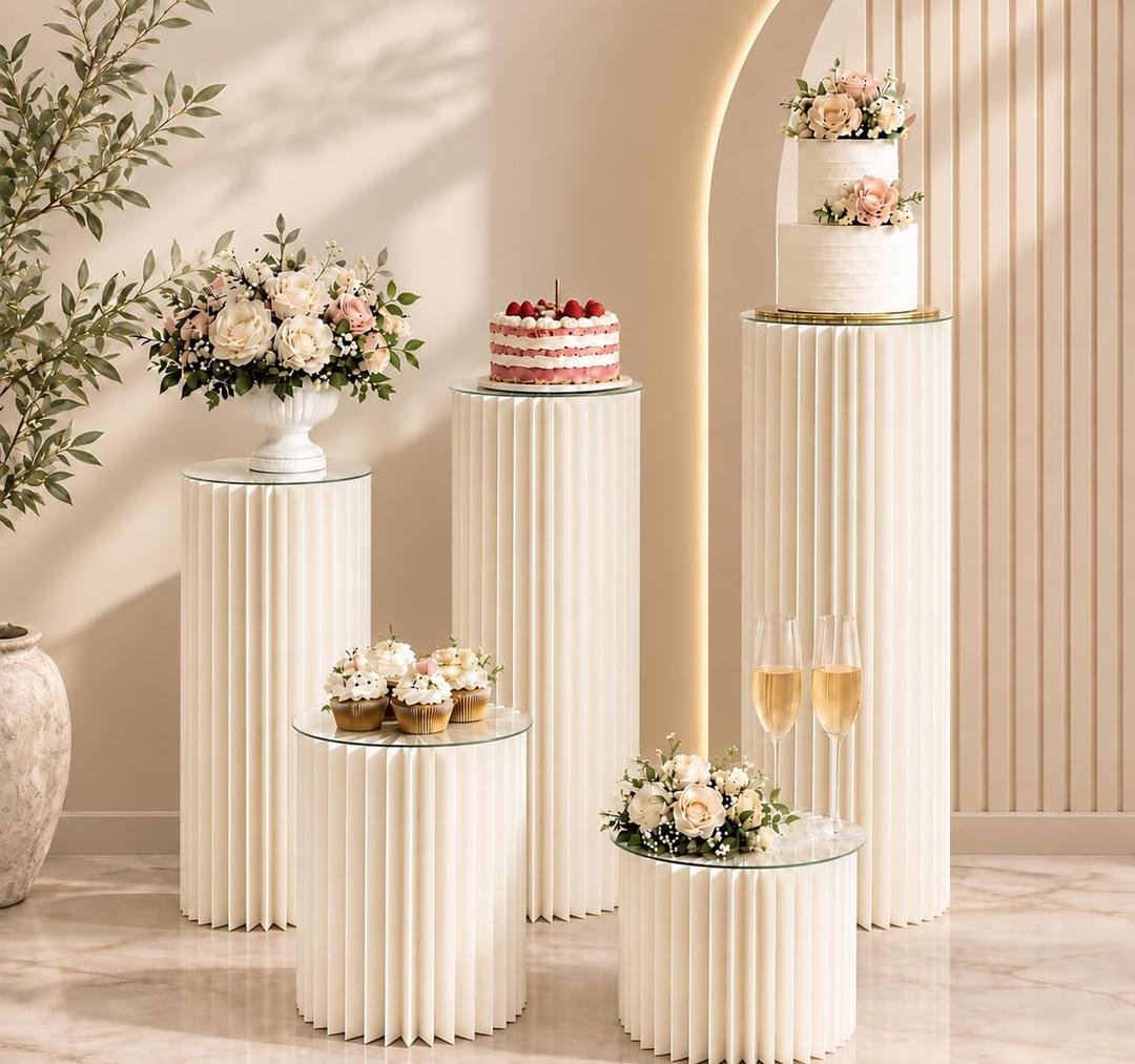 Zacxya 3 Pack White Cylinder Stands for Party, Foldable Cardboard Cylinder Pedestal Stands with 11.8" Acrylic Plates, 15.7", 23.6", 31.5" Cake Cylinder Display, Cylinder Tables for Parties