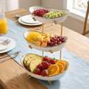 White Ceramic 3 Tier Modern Fruit Bowl with Metal Stand, Tiered Fruit Tray for Kitchen Counter, Snacks Nuts Bread Candy Storage