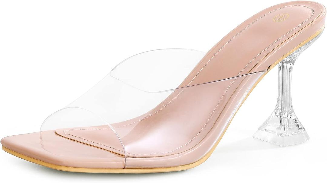 Mysoft Women's Clear Heeled Sandals Square Toe Transparent Stiletto Mules Open Toe Slip on Dress Shoes, Size 7