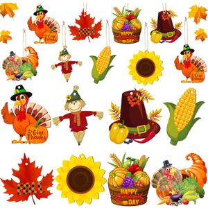 Bucherry 40 Pieces Fall Thanksgiving Wood Ornaments Fall Tree Ornaments Pumpkin Cutout Maple Acorns Turkey Autumn Harvest Hanging Ornament Decor for Thanksgiving Day Home Indoor Outdoor(Cute Style)