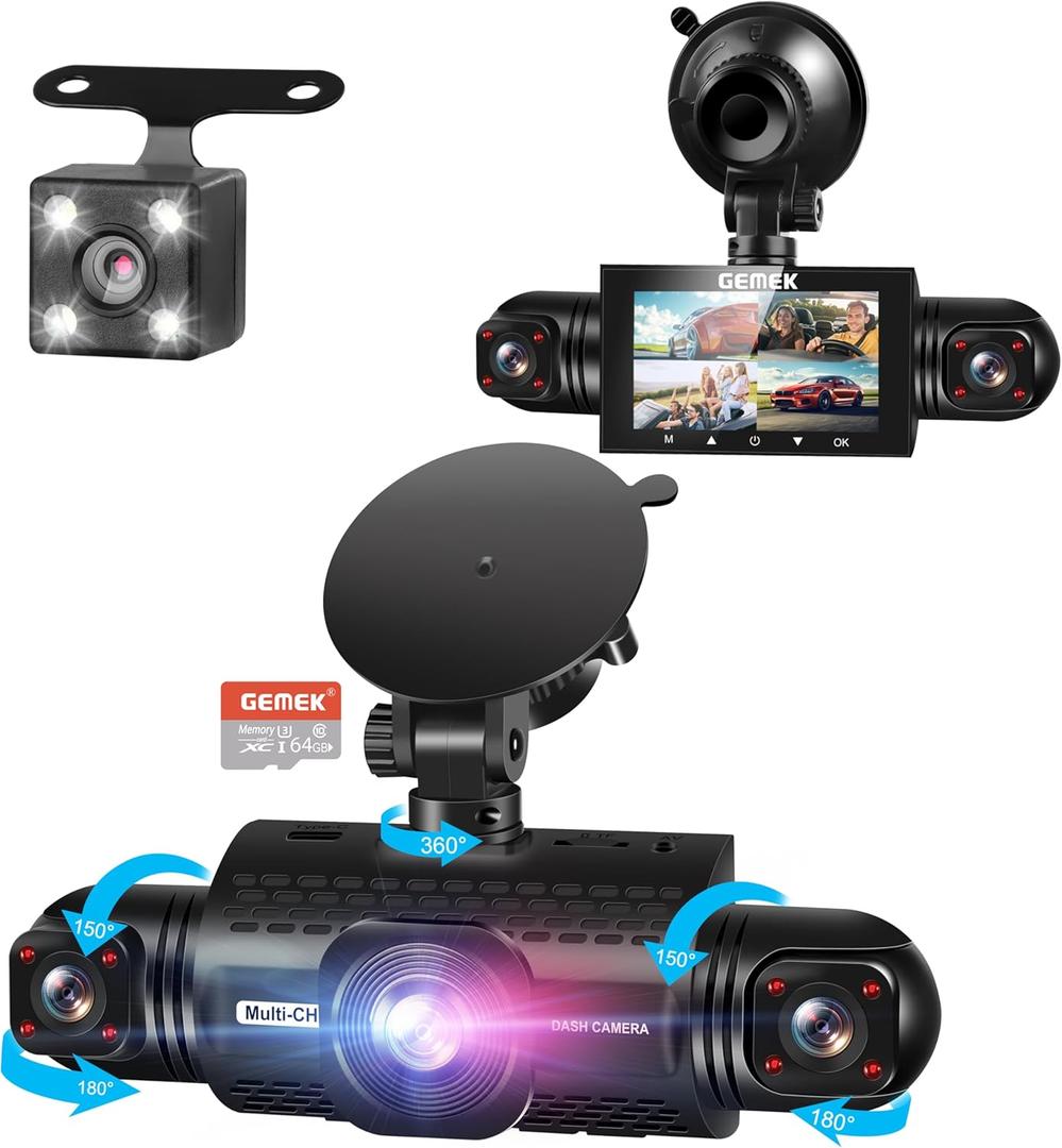 360 Degree View 4 Channel Dash Cam Front and Rear Inside Left Right, GEMEK Dash Camera for Cars FHD 1080P Free 64GB TF Card, Multi-Ch Dash Camera for Cars, Night Vision, 24H Parking Mode
