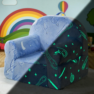 Toddler Sherpa Couch Chair, Cuddly Comfy Plush Reading Chair for Kids, Glow in The Dark Starry Sky Blue