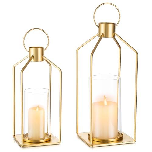 Staymoment Gold Lanterns Decorative Indoor: Set of 2 Lanterns with Glass for Wedding Table Centerpieces Candle Holder for Fireplace Patio Porch Modern Home Decor