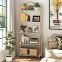 5 Tier Metal Book Shelf for Storage, Gold and Glass Bookshelf, 13"D x 26"W x 66.3"H