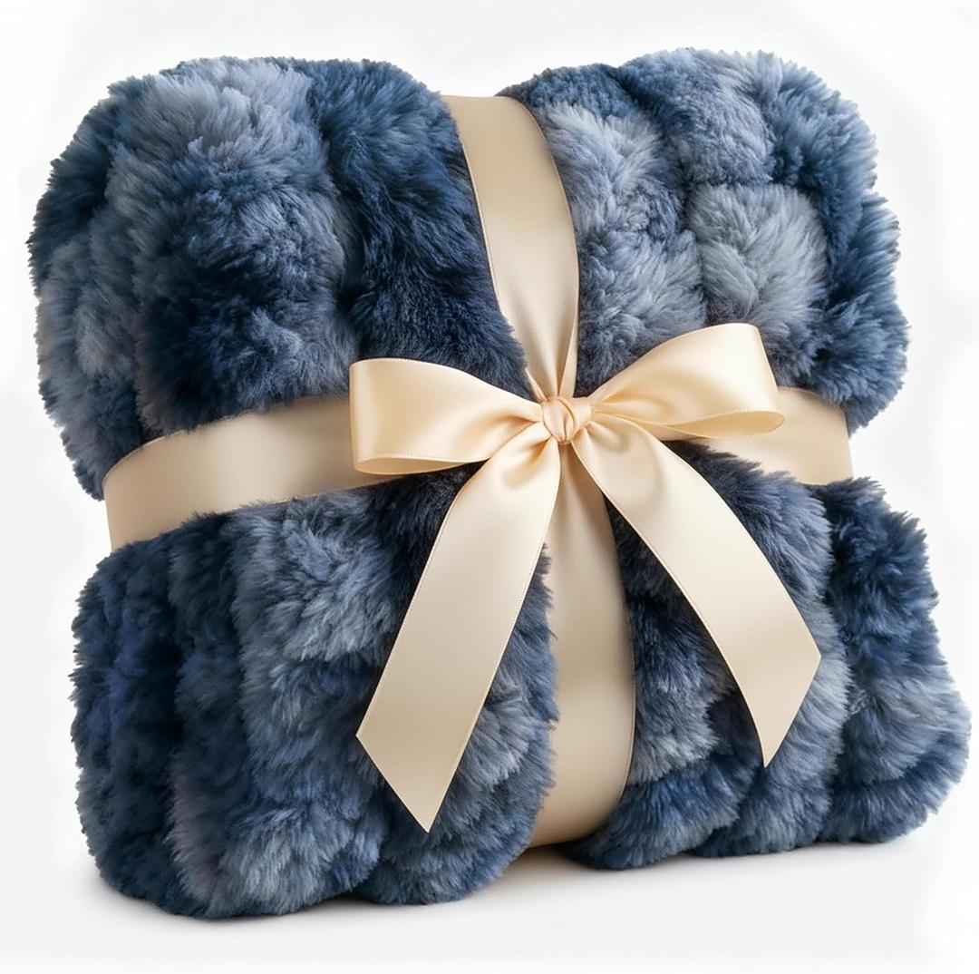 Fluffy Throw Bubble Blanket Queen Size - Faux Fur Throw for Couch or Bed - Plush Soft Extra Thick Faux Fur Rabbit Blanket - Warm & Breathable - Luxury Minky Tie Dye Bedding - 90" x 90", Marble Blue