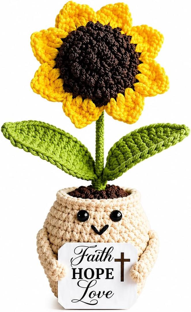 5 x Crochet Sunflower Faith Hope Love Gift, Handmade Christian Desk Decor, Inspirational Knitted Plant, Cute Small Gift for Mom Women Men, Religious Encouragement Keepsake