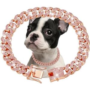 Pack Of 2 Rosegold Dog Chain Collar Diamond Cuban Link Dog Collar 13mm Wide Dog Necklace Metal Cat Chain Pet Crystal Collar Jewelry Accessories for Small Medium Large Dogs Cats (10 inch)
