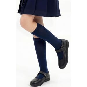 HONGTEYA 3 Pairs Girls Knee High Socks Kids Cotton School Uniform Seamless Toe Sock Dress Socks 4-14 Years (8-10 Years, Navy Blue)