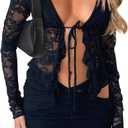 CSDAJIO 2 Piece Outfits for Women Floral Lace Open Front Tie Up Long Sleeve Crop Top Blouse Shirt and Mini Skirt Set (Large, Black)