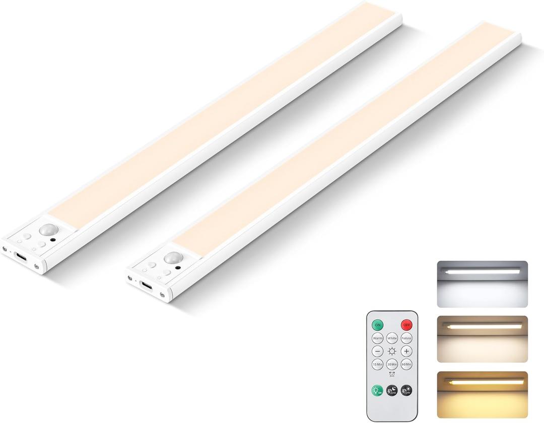 8 Inch Under Cabinet Lighting with Remote, 2 Pack Rechargeable Motion Sensor Light for Kitchen, Pantry, Stairs, USB Wireless Indoor Closet Lights, 3 Color & 5 Level Dimmable