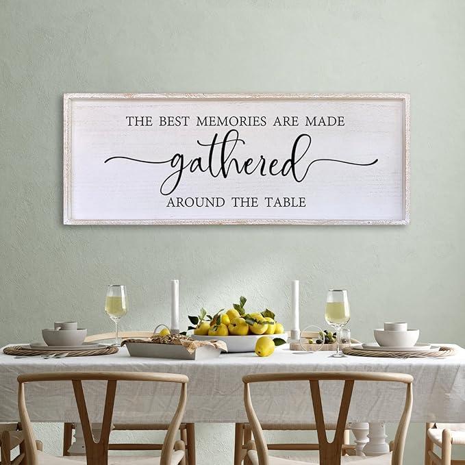 The Best Memories Are Made Gathered Around The Table Wall Decor 40"x15" Large Rustic Farmhouse Dining Room Wood Framed Modren Signs Kitchen Home Simple Hanging Wall Art (White)