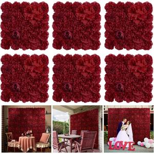 Flower Wall Backdrop 6 pcs 16.5x16.5 Inch Artificial Floral Wall Panel Silk Rose Wall Decor Ideal for Wedding Celebrations, Festive Party Backdrops, and Home Decor-Maroon