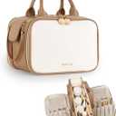 Prite Makeup Bag for Women, Large Capacity Waterproof Travel Cosmetic Organizer, Portable Open Flat Toiletry Bag with Free-standing Brush Holder and Handle(Beige Brown Medium)