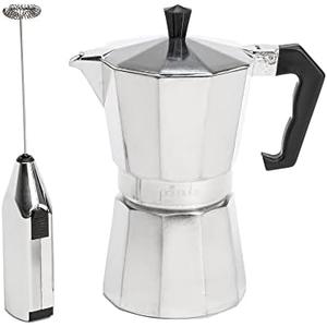 Primula Stovetop Espresso Maker and Handheld Electric Milk Frother Gift Set, Moka Pot for Classic Italian and Cuban Coffee, Cafetera, 6 Espresso Cups, Silver