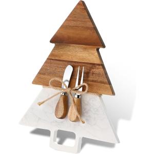 Acellegic Christmas Tree Shaped Marble Charcuterie Cutting Serving Board with Cheese Utensils Cutting Board with Marble and Natural Wood for Kitchen Wedding Anniversary Bridal Shower Housewarming Gift
