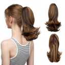 CJL HAIR Short Claw Clip Ponytail Hair Extension Drawstring Synthetic Fake Hairpiece for Women 12" Straight Ponytail with End Curls Dark Brown/Golden Blonde