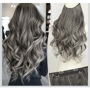 KooKaStyle Invisible Wire Hair Extensions Long Wavy Layered Synthetic Hair Extensions with Transparent Wire Adjustable Size 6 Secure Clips Grey/Sliver Mixed Hairpieces for Women 20 Inch