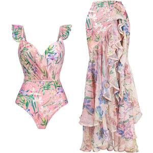 IDOPIP Women's One Piece Swimsuit with Beach Cover up Wrap Skirt Sarong Retro Floral Print Bikini Set Two Piece Bathing Suit (Large, Pink - Ruffle Shoulders)