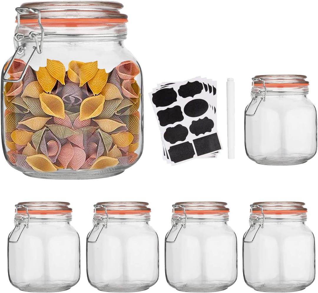 Encheng 32 oz Glass Food Storage Jars with Airtight Lids,Clear Airtight Canister with Leak Proof Rubber Gasket,1000 ml Square Large Mason Jars with Clamp Lids for Canning,Cereal,Beans,6 Pack